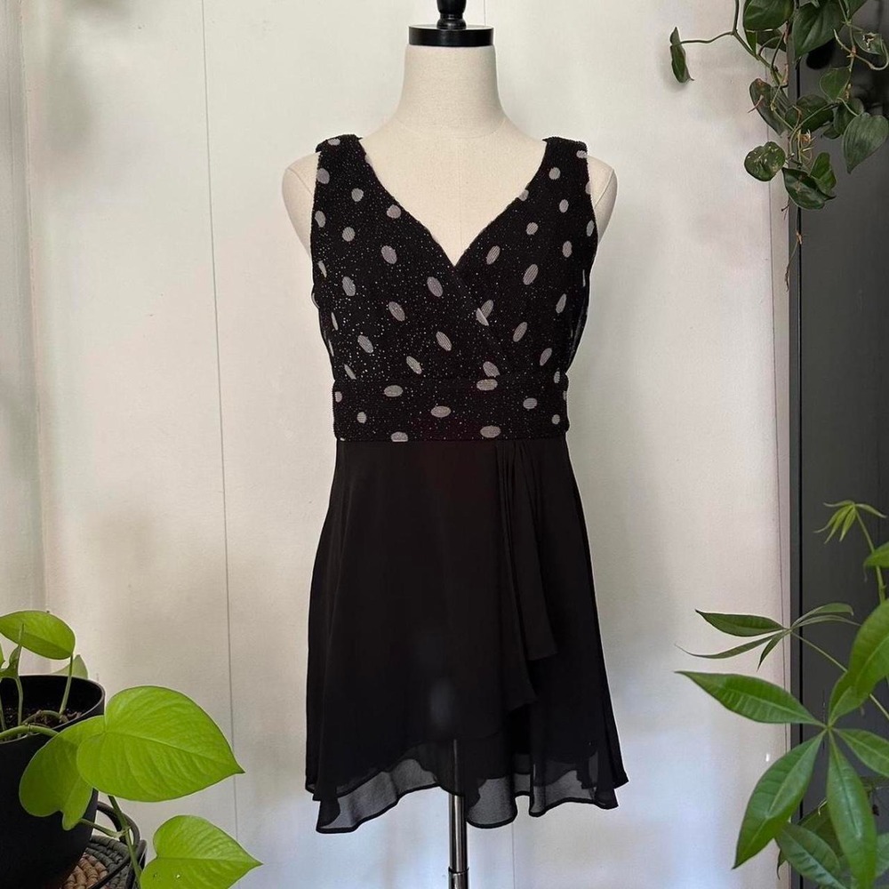 Vintage R&M Richards 90s Black Silver Polka Dot Ruffle Mini Party Dress Size 8